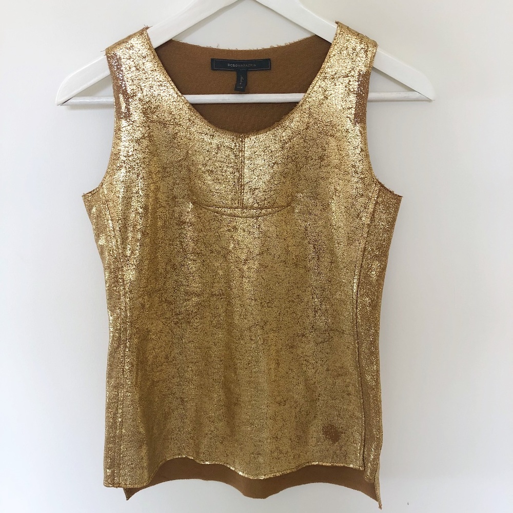BCBG MAXAZRIA, XXS Metallic, Gold, Sleeveless Top